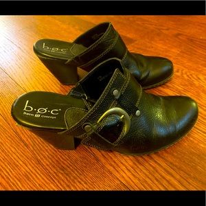 B.O.C. buckle strap, mule clogs, black leather with thick contrast stitching
